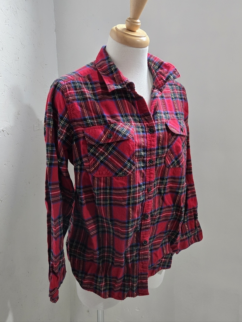 Eddie Bauer Red Plaid Button-Up Shirt With Gold